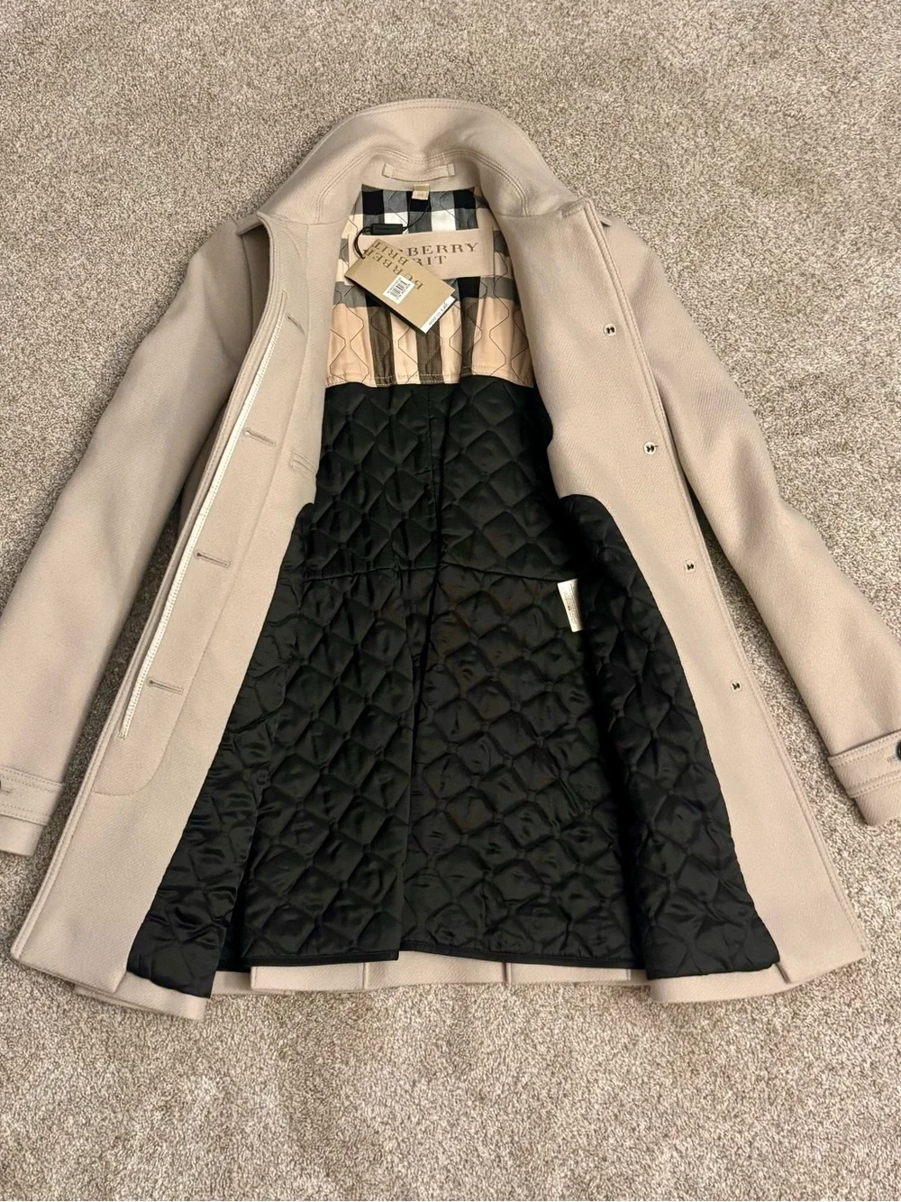Burberry NWT Wool Blend Short Coat Detachable Quilted Liner Bag Cream UK 4 US 2